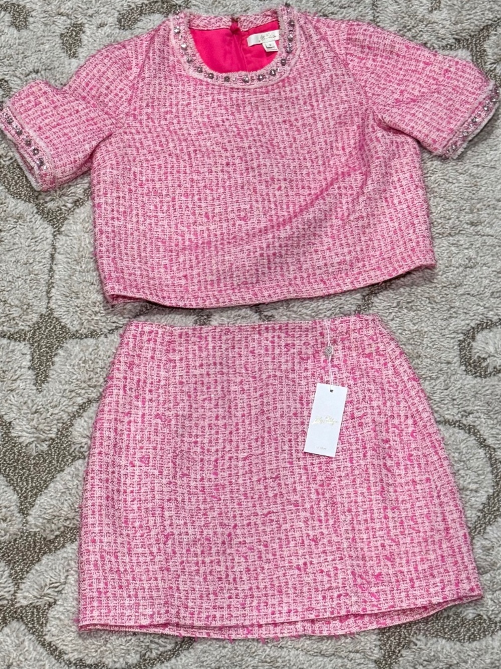 Lilly Pulitzer 2 Piece Boucle Set Pink Palms Kels Mini Skirt & Boucle Top Size 0
